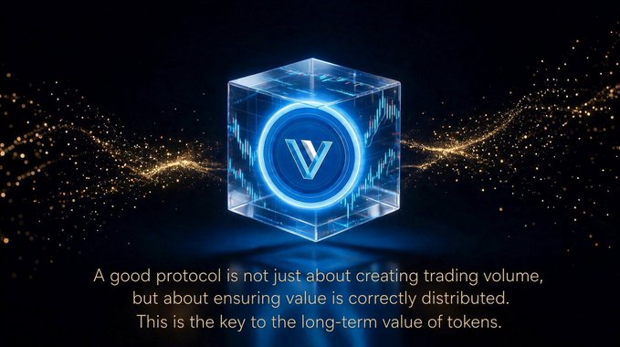 A glowing blue cube featuring the $VIN logo appears above the quote: "A good protocol is not just about creating trading volume, but about ensuring value is correctly distributed. This is the key to the long-term value of tokens." The futuristic design, set against a starry backdrop with golden particle waves, visually reinforces the post's emphasis on $VIN's foundational principles of decentralization, sustainability, and real utility in DeFi.