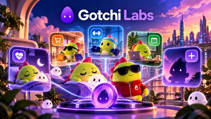 The image shows a promotional banner for "Gotchi Labs" featuring colorful, mascot-style characters engaged in activities like shopping, exercising, and sleeping, set against a futuristic city skyline at dusk. The banner highlights different app features shown in floating panels, which visually aligns with the post's mention of sleep tracking, daily challenges, and coaching elements from @sleepagotchi.