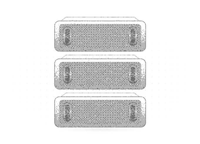 A greyscale illustration showing three stacked rectangular speakers with dotted mesh fronts and small speakers on each side.