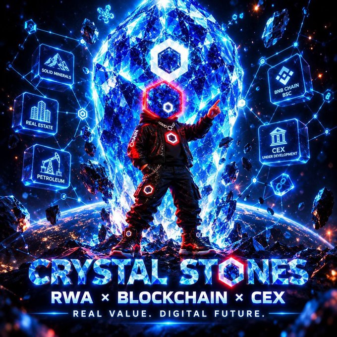 A vibrant digital art poster for 'CRYSTAL STONES' with the tagline 'RWA × BLOCKCHAIN × CEX — REAL VALUE. DIGITAL FUTURE.' showing an astronaut surrounded by category icons like SOLID MINERALS, REAL ESTATE, and BNB CHAIN BSC.