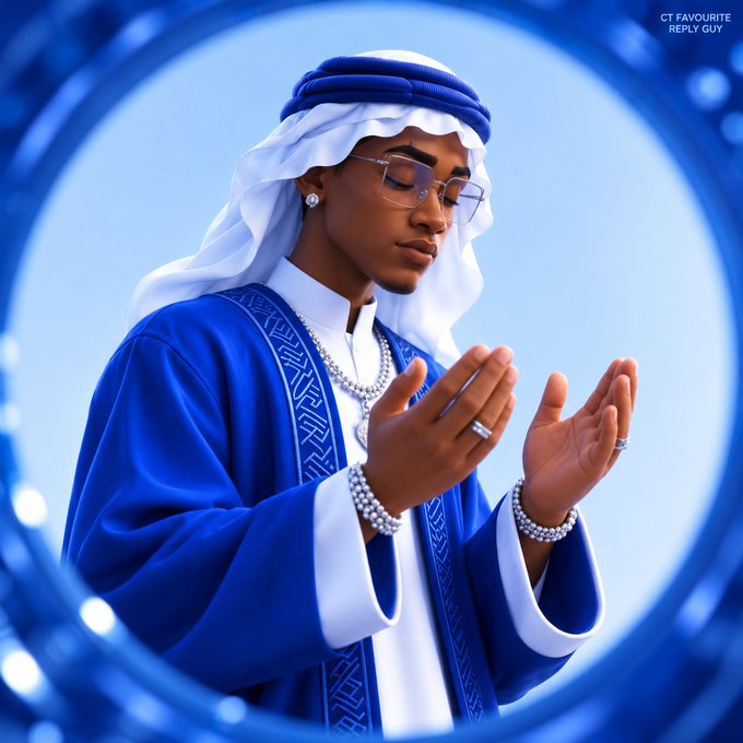 A stylized image shows a man in traditional blue Arab attire with glasses and jewelry, hands raised in prayer, with 'CT FAVOURITE REPLY GUY' in the corner.