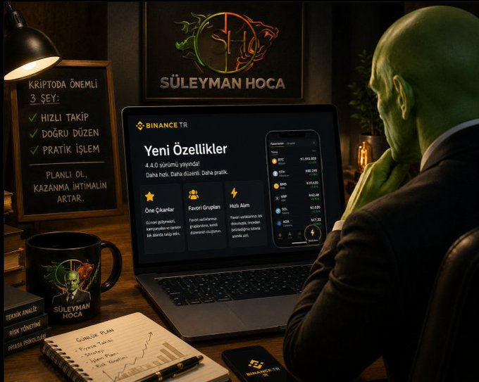 A green-skinned figure in a suit sits at a desk viewing a Binance TR laptop screen promoting new features like "One Çıkanlar," "Favori Grupları," and "Hızlı Alım," surrounded by branding for "Süleyman Hoca" and motivational Turkish text about discipline, tracking, and practice—visually capturing the post's theme of feeling overwhelmed by scattered crypto updates and missing announcements.