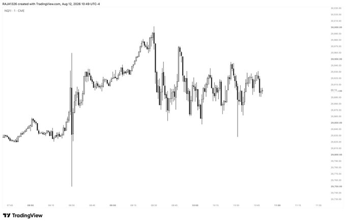 A TradingView candlestick chart titled 'NQ1! · CME' created by 'RAJA1326' showing market price fluctuations throughout a trading day.