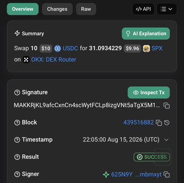 A blockchain transaction summary showing a swap of 10 USDC for 31.093 SPX via OKX DEX Router, marked as SUCCESS at timestamp 22:05 Aug 15, 2026.