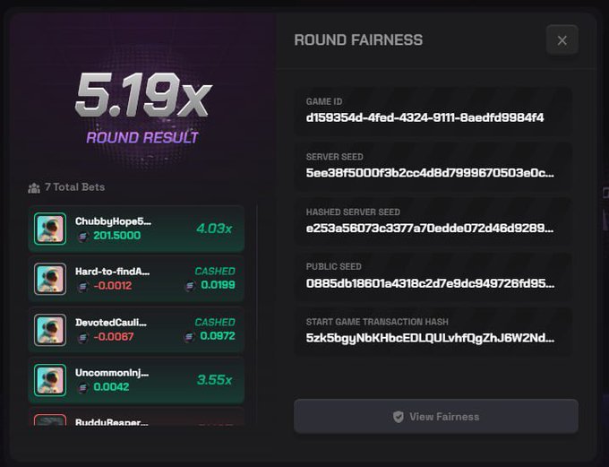 A crash gambling website screenshot showing '5.19x ROUND RESULT' and 'ROUND FAIRNESS' details including server seeds and game ID, with a list of 7 total bets and their payouts.