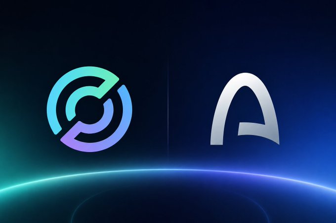 Two logos are displayed side by side against a dark cosmic background: a stylized "C" emblem in gradient blue-purple tones on the left, and a silver-white "A"-shaped logo on the right. The image represents Circle's announcement of "Arc," highlighting the blockchain platform's early adoption by 100+ participants across payments, stablecoins, and institutional finance.