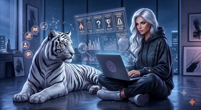 A digital artwork showing a silver-haired woman working on a laptop while sitting on the floor next to a white tiger, with futuristic data screens and holographic icons floating in a starry, nighttime urban setting.