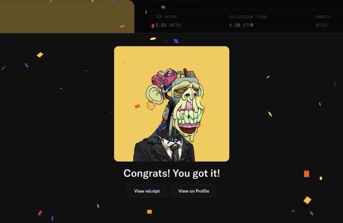 The image features an online store page with a cartoon character, likely a monkey or a gorilla, wearing a suit and tie. The website has a "Congratulations You!" button at the bottom of the screen, indicating that someone has made a purchase on this site. The post also mentions that the buyer is a member of the community who follows the account @yugalabs #NewPFP.
