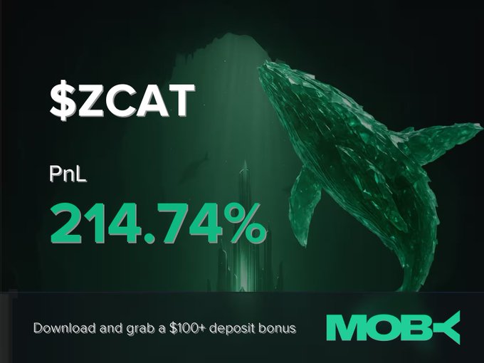 A promotional graphic for Moby Mobile showcases a closed $ZCAT position with a remarkable PnL of +214.74%, featuring an underwater scene with a whale illustration that visually represents the "whale-sized gains." The ad includes a call-to-action to download the app and claim a $100+ deposit bonus, complementing the win alert announcement about the trader's successful position.