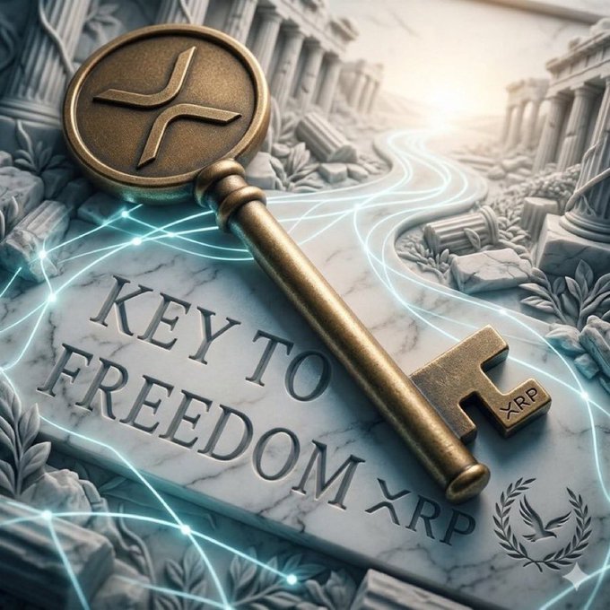 A conceptual image featuring a bronze key with the XRP logo resting on a tablet engraved with 'KEY TO FREEDOM XRP'.