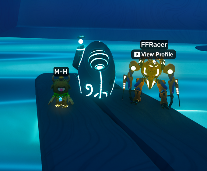 A glowing, large, egg-shaped object with a spiral swirl design rests on a dark platform in a vibrant blue aquatic-themed environment, flanked by two player avatars labeled "M-H" and "FFRacer" (with a "View Profile" prompt). The image relates to the post as it shows users encountering an unknown object in the Otherside Meta game, likely prompting the question "What is this?"