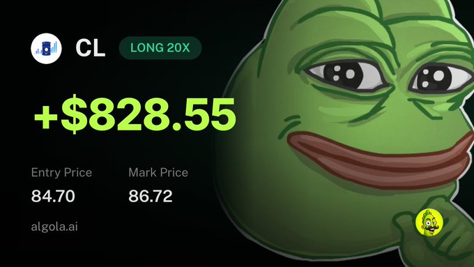 A promotional graphic features the Pepe the Frog meme alongside trading stats for $CL, showing a successful "LONG 20X" position with a profit of +$828.55, entry price of 84.70, and mark price of 86.72, branded with the algola.ai logo. The image visually reinforces the post's message about Algola's AI agent executing profitable trades automatically, using the popular meme to add a lighthearted, community-driven appeal to the trading service advertisement.