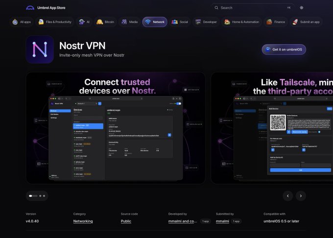 The image shows a screenshot of an app called "Nostr VPN" displayed on the screen. The app appears to be live on the Umbrel App Store, as indicated by the text that reads "Nostr VPN is now live on the Umbrel App Store!". The app is designed to provide users with a private mesh VPN experience, allowing them to securely access their Umbrel from any device and location in the world.
