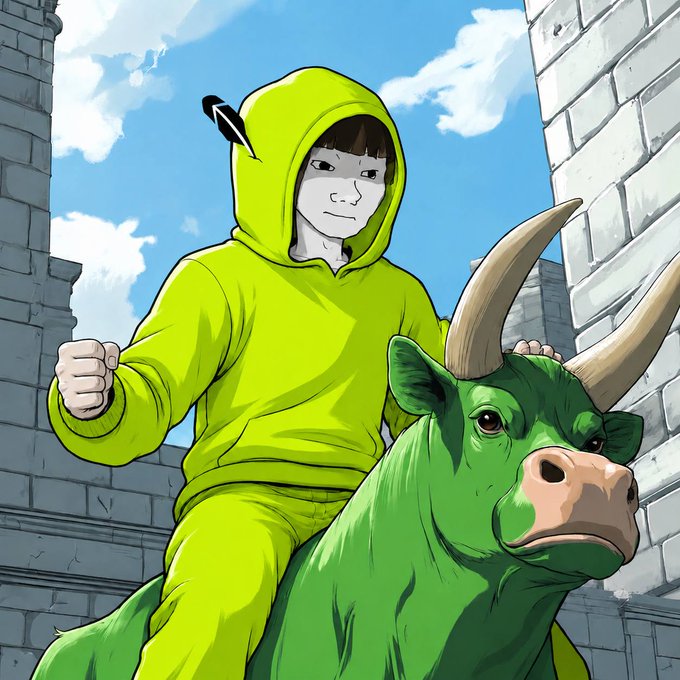 An anime-style illustration shows a person in a bright green hoodie with their hood up riding a large green bull with prominent horns, set against a stone tower and blue sky background.