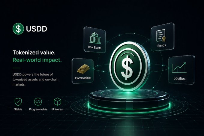 A promotional graphic for USDD stablecoin with the tagline 'Tokenized value. Real-world impact.' highlighting its role in tokenized assets and on-chain markets, featuring icons for Real Estate, Bonds, Commodities, and Equities, and tags 'Stable', 'Programmable', 'Universal'.