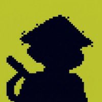 A pixelated silhouette of a person wearing a wide-brimmed hat and carrying a backpack stands against a solid olive-green background.