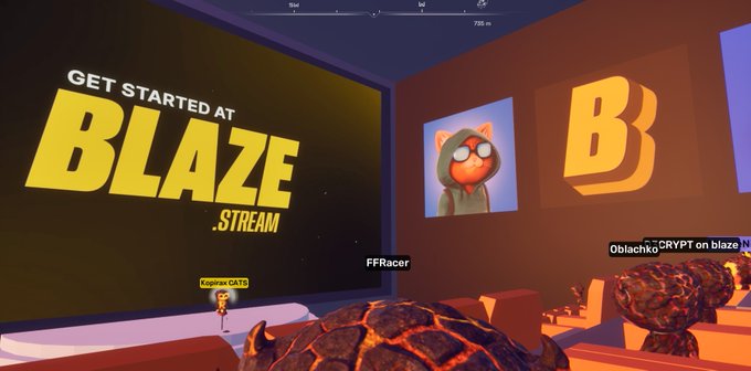 A first-person view from a video game shows the text 'GET STARTED AT BLAZE.STREAM' on a large screen, with a cat-like character portrait and other players' usernames visible in the scene.