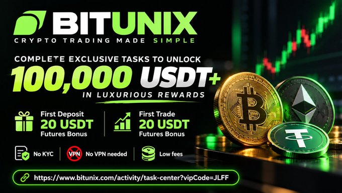 An advertisement for 'BITUNIX' cryptocurrency trading offering up to '100,000 USDT+' in rewards, featuring Bitcoin, Ethereum, and Tether coins against a green candlestick chart background.