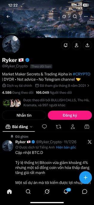 A screenshot of the X (Twitter) profile for Ryker (@RykerCrypto), a Market Maker with 166K followers, showing a pinned post about BTC dropping 4% while some low-cap altcoins surge. The post's mention of an "idol" getting hot doesn't relate to the image, which is clearly a crypto trading profile rather than any celebrity or performer.