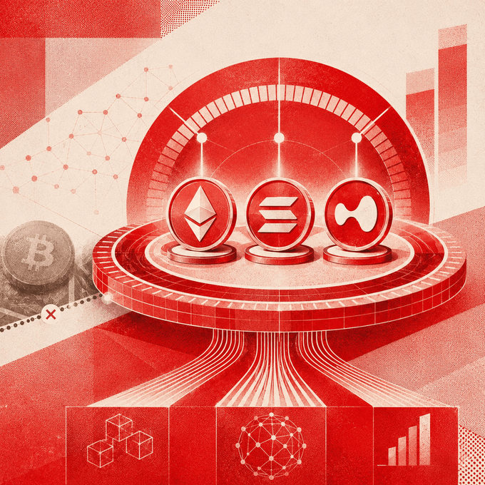 A red-themed cryptocurrency graphic featuring Ethereum, Solana, and Hyperliquid (Hyper) tokens displayed on a circular platform, with a Bitcoin coin crossed out on the left side.