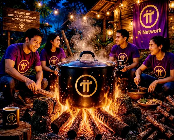 A group of Pi Network Pioneers gather around a steaming pot branded with the Pi logo over a campfire, with banners reading "Pi Network" and "Building the World's Most Inclusive Cryptocurrency," symbolizing the community coming together to nurture Pi's continued development through updates like V27 and V28.