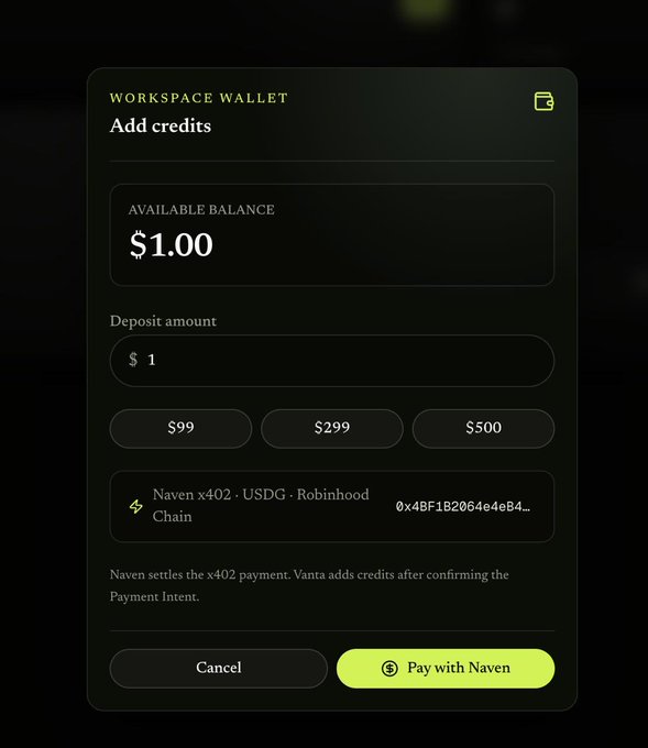A "Workspace Wallet" modal shows an available balance of $1.00 with options to deposit preset amounts of $1, $99, $299, or $500 using Naven x402 · USDG · Robinhood Chain (0x4BF1B2064e4eB4...), and a "Pay with Naven" button — illustrating the x402 payment integration with $USDG on Robinhood Chain described in the post.