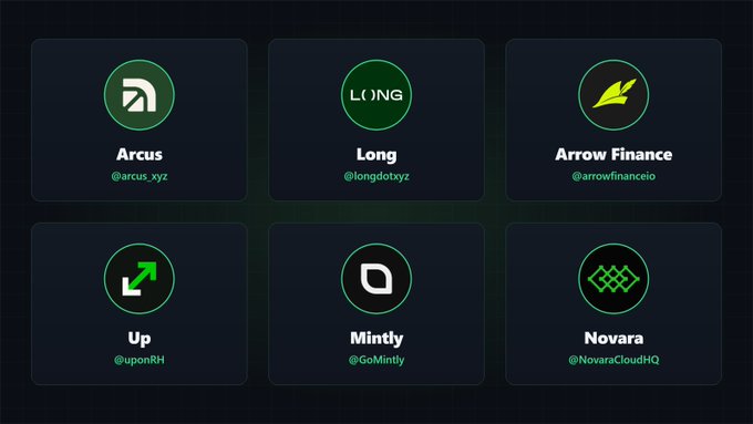 A dark interface displaying six crypto/finance platform icons: Arcus, Long, Arrow Finance, Up, Mintly, and Novara.