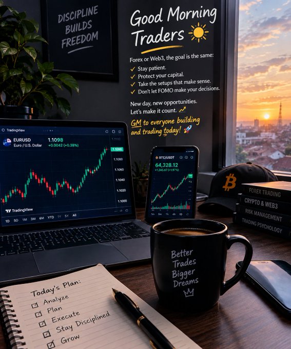 A "Good Morning Traders" trading workspace featuring a laptop and phone displaying EURUSD and BTC charts, a "DISCIPLINE BUILDS FREEDOM" sign, a "Bitcoin" cap, and a mug reading "Better Trades Bigger Dreams."