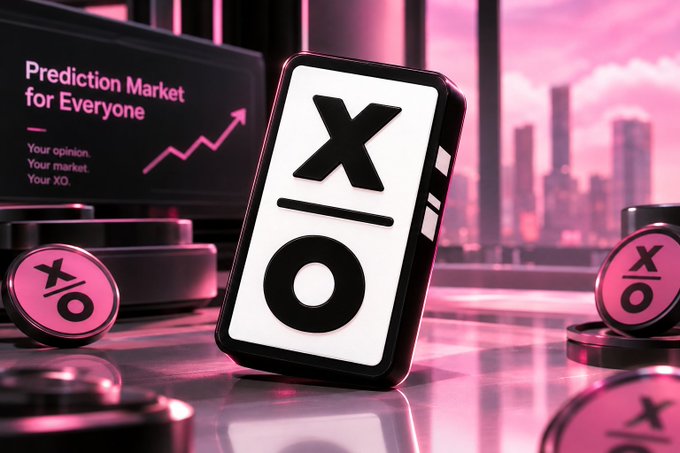 A promotional graphic for a prediction market featuring a device displaying the XO logo, with text "Prediction Market for Everyone - Your opinion. Your market. Your XO."
