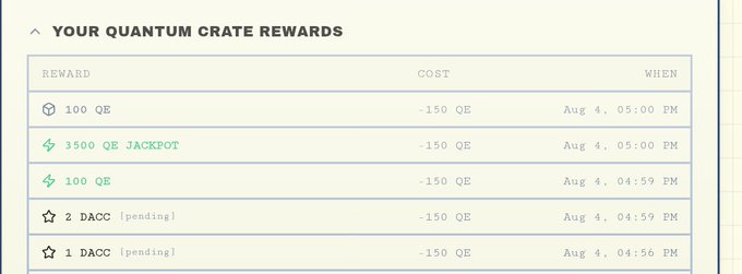 A rewards history table titled "YOUR QUANTUM CRATE REWARDS" showing entries including "100 QE," a "3500 QE JACKPOT," and pending "DACC" rewards dated Aug 4.