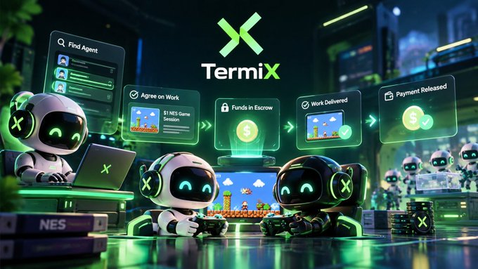 A digital illustration advertises 'TermiX' showing cute robots and gamers with workflow steps: 'Find Agent,' 'Agree on Work' (S1 NES Game Session), 'Funds in Escrow,' 'Work Delivered,' and 'Payment Released.'