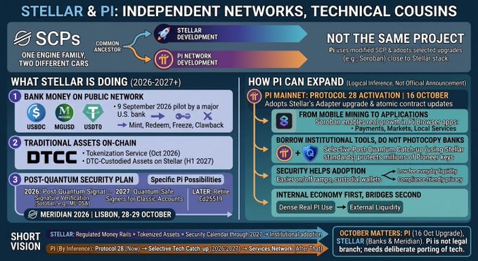 The image is a detailed infographic titled "STELLAR & PI: INDEPENDENT NETWORKS, TECHNICAL COUSINS," which uses the "SCPs" (Stellar Consensus Protocol/Protocol) metaphor to explain that while both networks (XLM and PI) share a common ancestor in the SCP code, they are now separate projects with different roadmaps. It contrasts Stellar's 2026-2027 plans (DTCC tokenization, post-quantum security with Falcon 256/ML-DSA, and key partnerships with USDC, MGUSD, USDT0) against Pi Network's focus on Protocol 28 activation, a mobile-to-application upgrade, and its own post-quantum roadmap. The graphic visually reinforces the post's argument that the two are merely "technical cousins" sharing modified open-source code rather than being the same project.