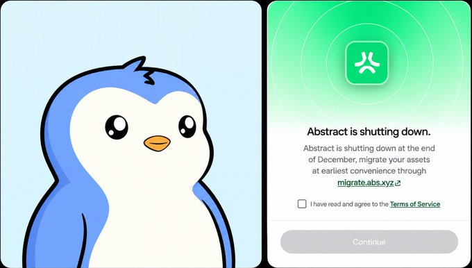 A two-panel image: on the left, a cartoon blue and white penguin mascot; on the right, a notification screen stating 'Abstract is shutting down' at the end of December, instructing users to migrate assets through migrate.abs.xyz.