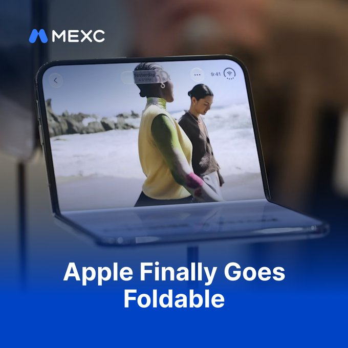 A promotional image by the MEXC exchange features a foldable Apple device displaying a beach scene, accompanied by the bold text 'Apple Finally Goes Foldable' over a blue gradient background.