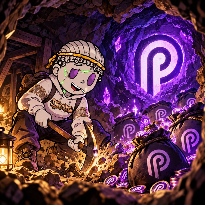 A digital illustration depicts a cartoon character with a headband mining in a rocky cave, surrounded by purple crystals and bags marked with the 'P' logo for Polkadot.