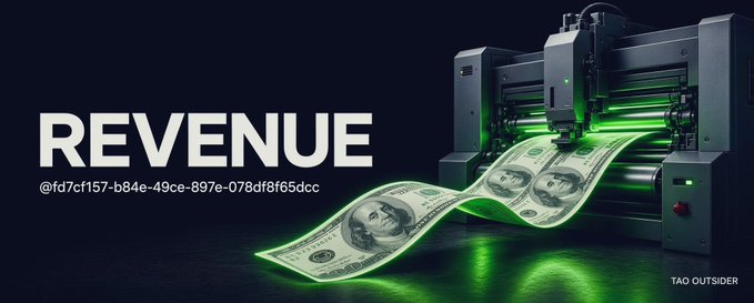 Digital banner with the word "REVENUE", a wallet address "0fd7cf157-b84e-49ce-897e-078df8f65dcc", and a 3D printer producing hundred-dollar bills, labeled "TAO OUTSIDER".