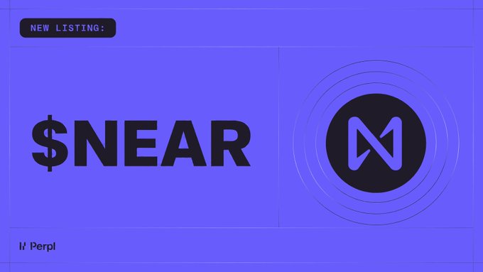 A promotional graphic on a purple/blue background announces a "NEW LISTING:" of $NEAR on Perpl, featuring the NEAR Protocol logo. The image supports the announcement of $NEAR being available for trading with up to 3x leverage on the Perpl platform.