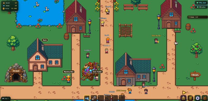 A top-down view of a pixel art MMORPG village featuring houses, a mine, trees, a pond, and several player characters standing in the central square.