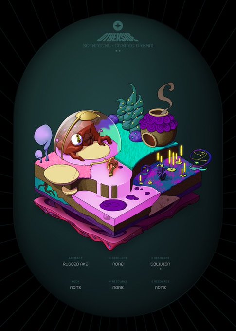 Digital artwork titled 'MEVSO BOTANICAL - COSMIC DREAM' showing a stylized isometric scene with a character in a helmet on a floating platform alongside purple and teal alien flora, labeled with attributes like 'ARTIFACT: RUGGED AXE' and 'SOLUTION'.