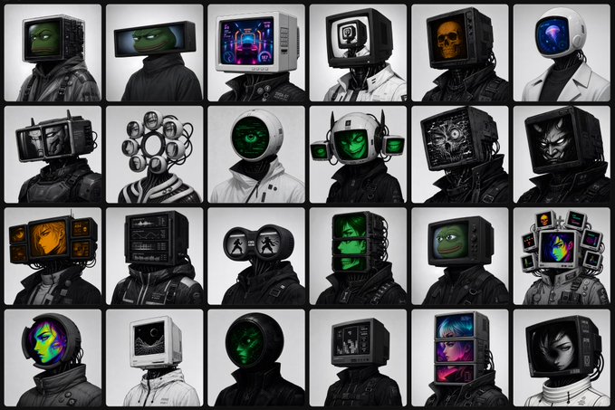 A grid of 24 stylized illustrations depicting various characters and figures with TV monitor heads displaying different faces and images in a dark, cyberpunk aesthetic.