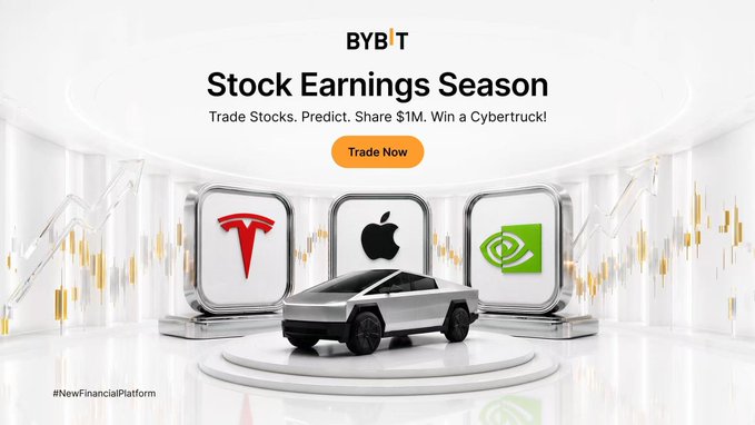 Bybit promotes "Stock Earnings Season" with a "Trade Now" button, featuring logos of Tesla, Apple, and NVIDIA alongside a Tesla Cybertruck, highlighting the grand prize of winning a $1M share of Cybertruck through trading US stocks on their platform.