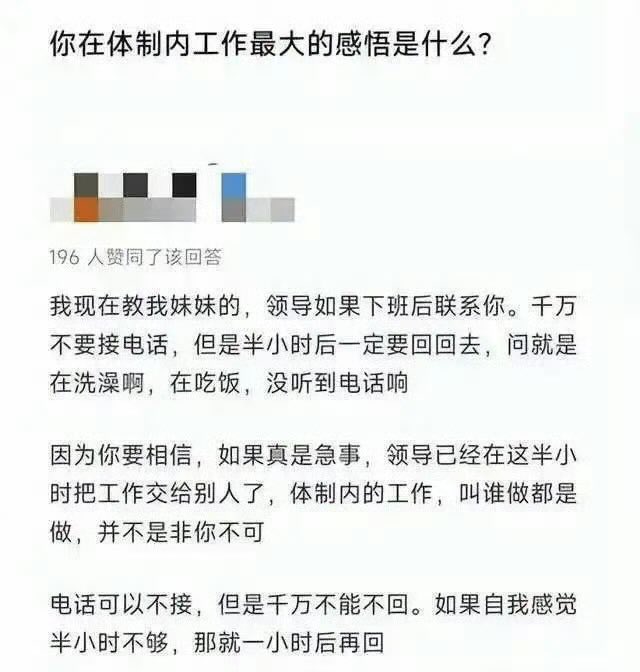 A Chinese social media post asking '你在体制内工作最大的感悟是什么?' (What is your biggest insight from working in the system?) with an answer advising to not answer calls from leaders after work but always call back within 30 minutes to an hour.