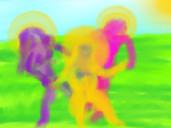 A blurry, colorful abstract image showing figures with bright halos and vibrant yellow, pink, and purple hues against a green and blue background.