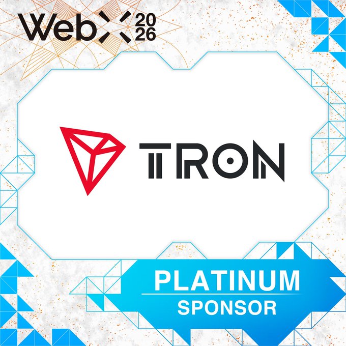 A promotional graphic for WebX 2026 announces **TRON** as a **PLATINUM SPONSOR**, featuring the event's logo alongside TRON's red diamond emblem and bold branding. The design uses a clean white background framed by blue and gold geometric accents, visually reinforcing TRON's high-profile support of the conference.