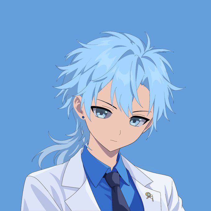 An anime-style character with messy light blue hair, blue eyes, and a lab coat over a blue shirt and tie is shown against a blue background. The character appears confident and academic, fitting the "Gm if you Love NFTs" post as a stylized avatar likely representing a Web3/NFT enthusiast.