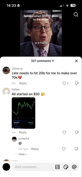 A TikTok-style video shows a man captioned "holders when $CATE goes to the moon in 3 f*cking" seconds, with comments below boasting about crypto gains—one claims "c$Ate needs to hit 20b for me to make over 70k," another shows a $1,001.59 portfolio (+$684.73) referencing a 50x gain, and a user jokes "All started on $50," mocking how early 2024 memecoin hype drove normies to screenshot modest altcoin holdings online.