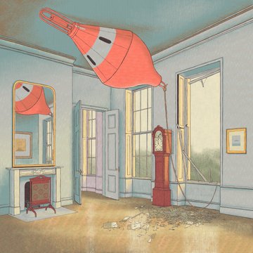 A surreal illustration depicts a room with pale blue walls and wooden floors where a giant red and white buoy-like object has crashed through the ceiling, with debris scattered on the floor near an open door and grandfather clock.