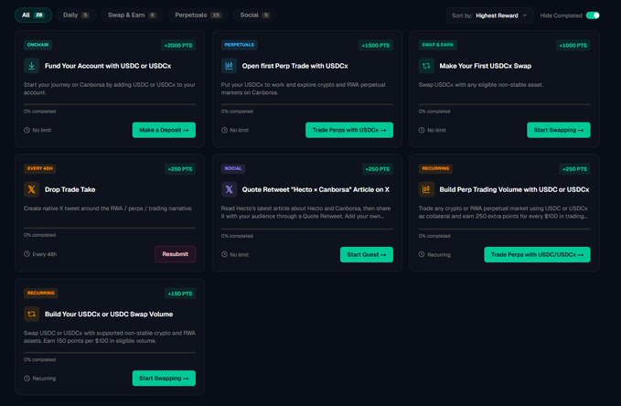 Screenshot of a crypto rewards dashboard (labeled 'Onchain', 'Perpetuals', 'Swap & Earn', etc.) from a platform with tasks like funding accounts and making trades using USDC or USDCx.