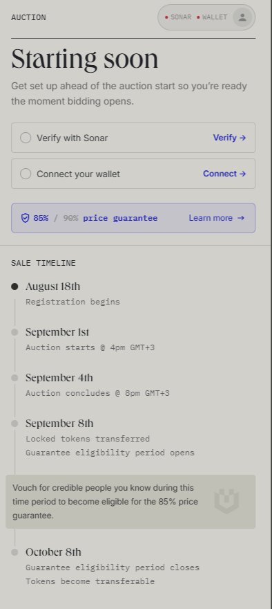 Auction interface titled "Starting soon" with options to Verify with Sonar or Connect your wallet, showing an 85%/90% price guarantee and a sale timeline including August 18th registration, September 1st-4th auction, and October 8th guarantee closure.