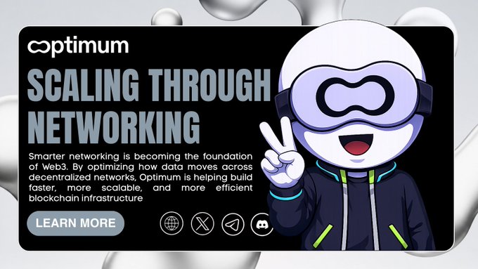 A promotional banner for Optimum featuring its white and purple robot mascot giving a peace sign, with the headline "SCALING THROUGH NETWORKING" and text explaining how Optimum optimizes data movement across decentralized networks to build faster blockchain infrastructure, accompanied by a "LEARN MORE" button and social media icons. The image visually reinforces the post's message about decentralized networking being essential to Web3's future, with the tech-forward mascot embodying the innovative infrastructure Optimum provides for moving data across blockchain networks.